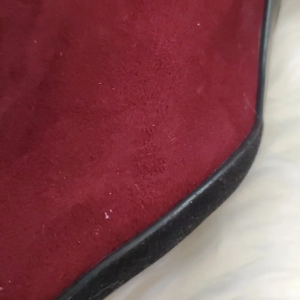 NEW Liz Claiborne Suede Like Burgundy,Gold and Textured Heel, Adjustable Buckle
